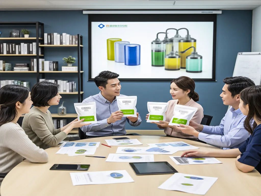 Team discussing industrial filter bag products in a meeting room