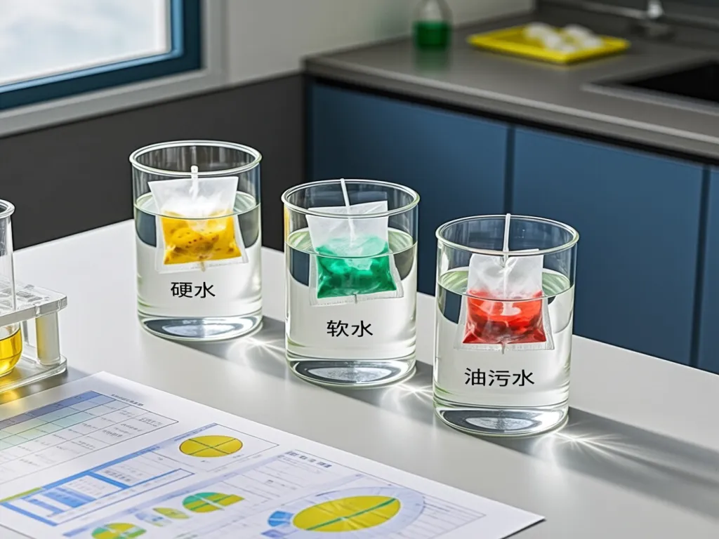 Demonstration of industrial filter bags treating hard water, soft water, and oily water