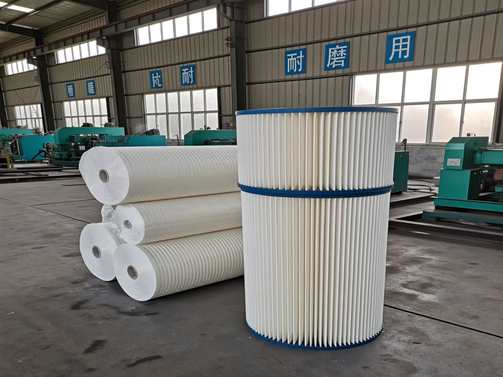 Durable industrial filter bags and material rolls in a workshop