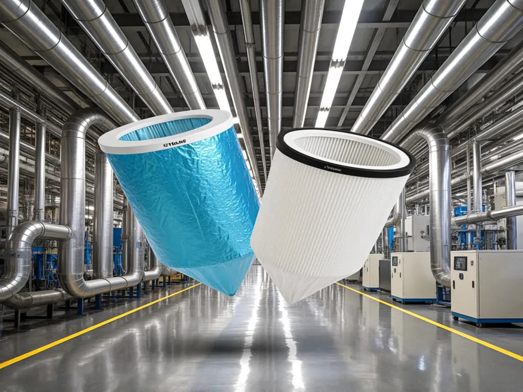 Two durable industrial filter bags in a factory setting