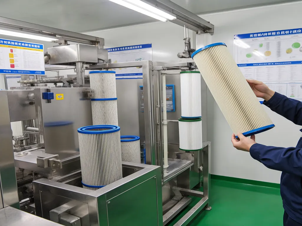 Worker replacing industrial filter bag in factory