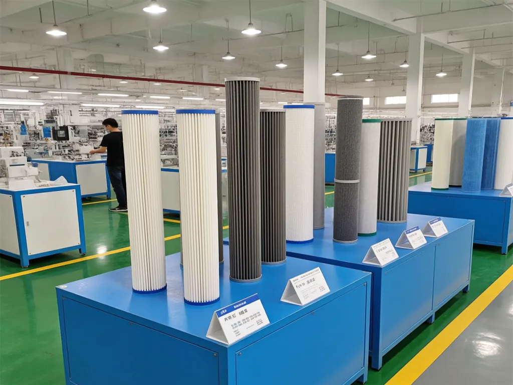Display of various custom industrial filter bags in a factory setting