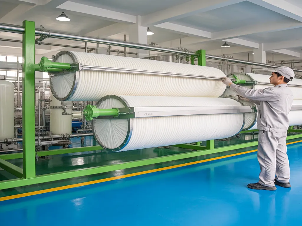 Worker inspecting large rolls of custom industrial filter bags in a factory