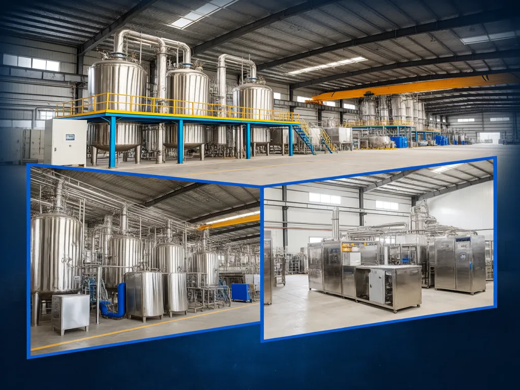 Wide shot of factory interior with industrial machinery setup