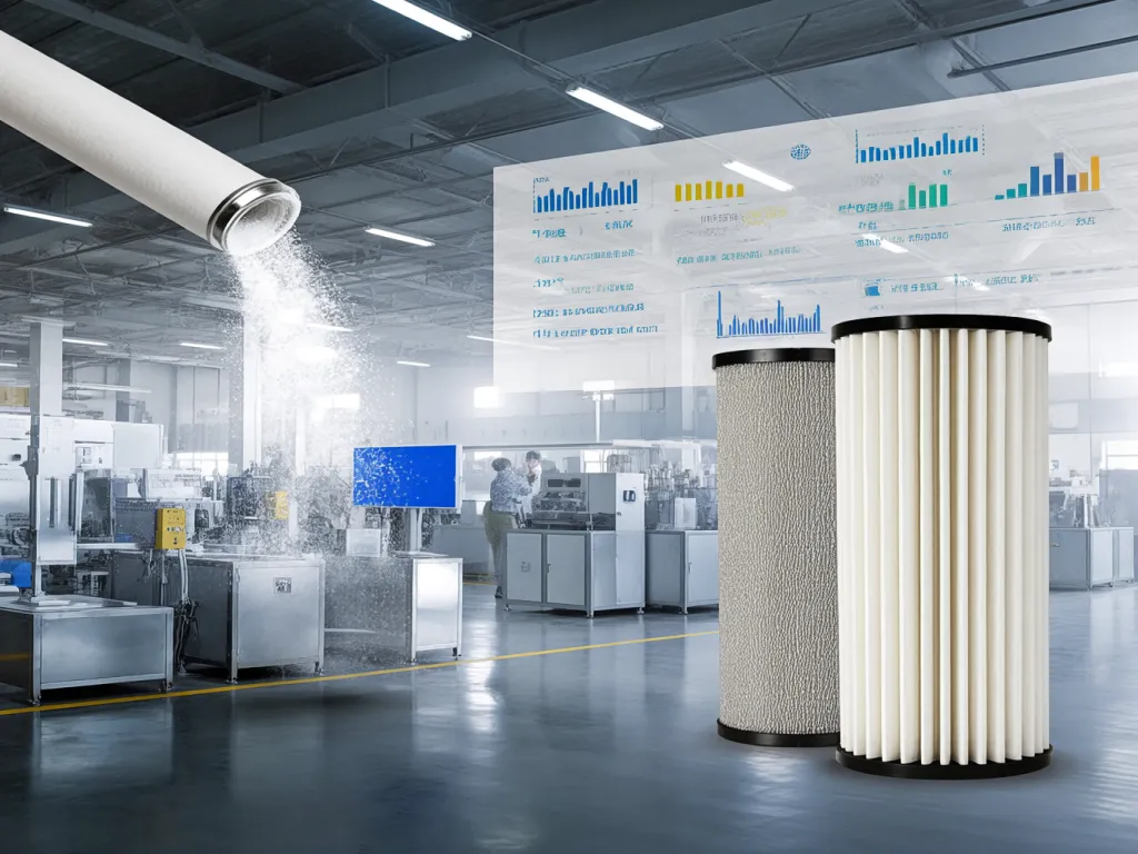 Industrial filter cartridges in a manufacturing plant with data charts in the background