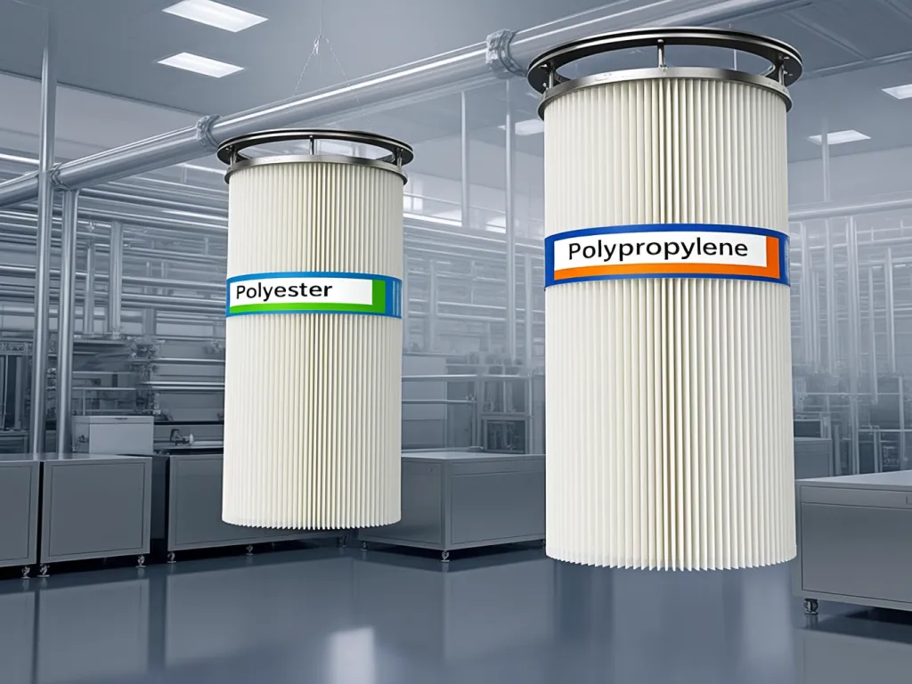 Industrial vacuum cleaner filter bags labeled Polyester and Polypropylene in a factory setting