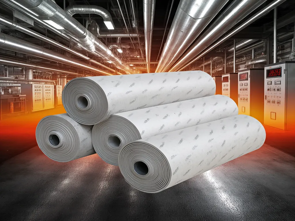 Rolls of polyester felt filter material in factory