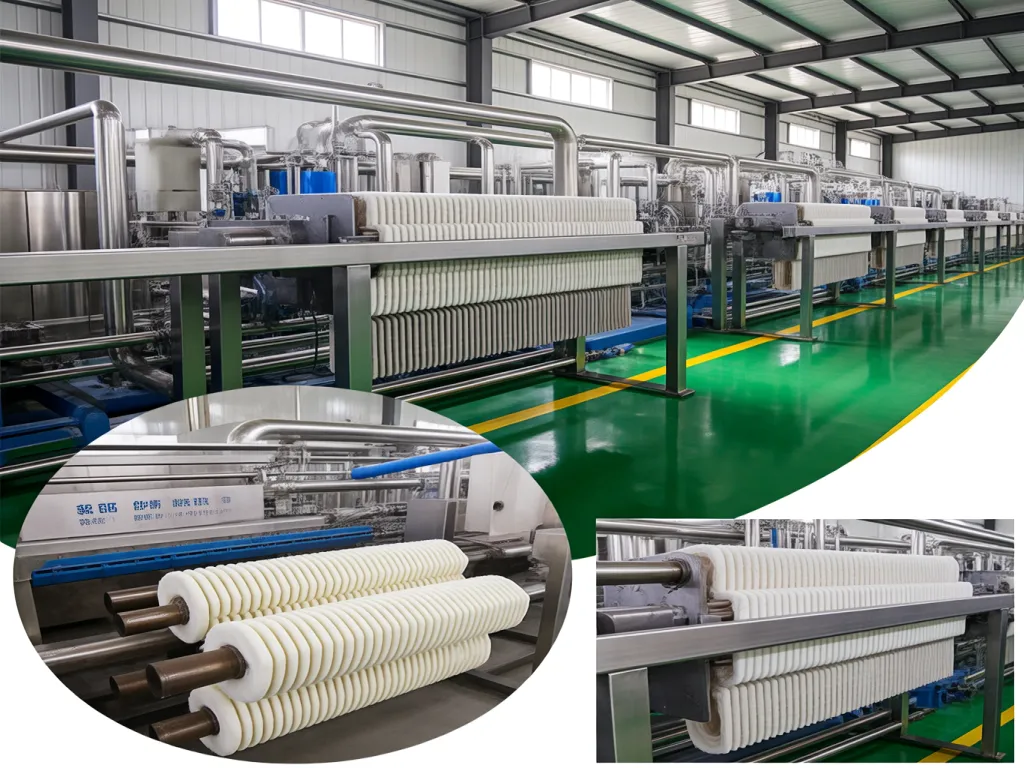 Polyester felt filter bag production in industrial filtration facility