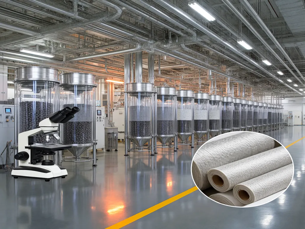 Polyester felt filter bags in industrial production setting