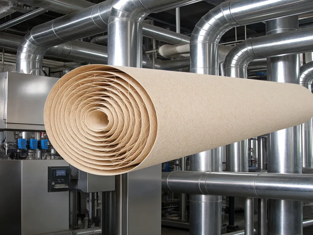 Rolls of polyester felt filter material in factory