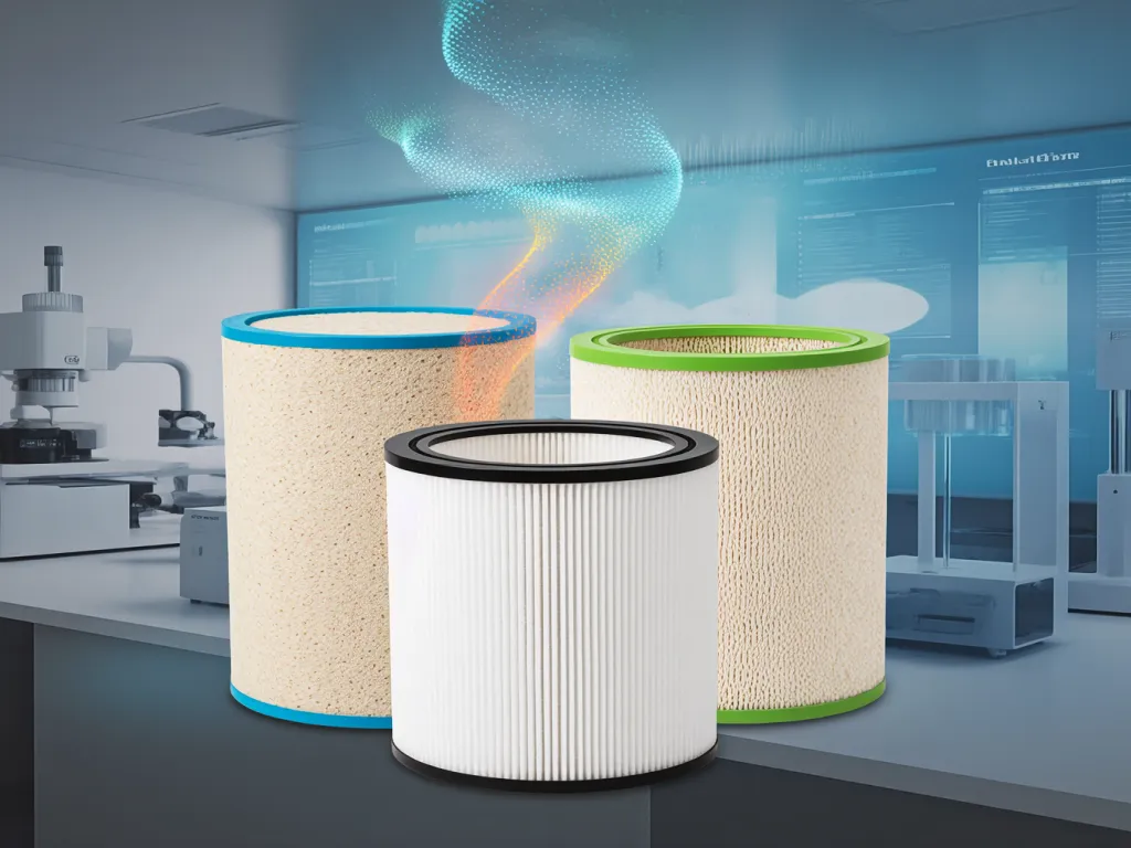 Different designs of felt filters with colorful edges in a lab