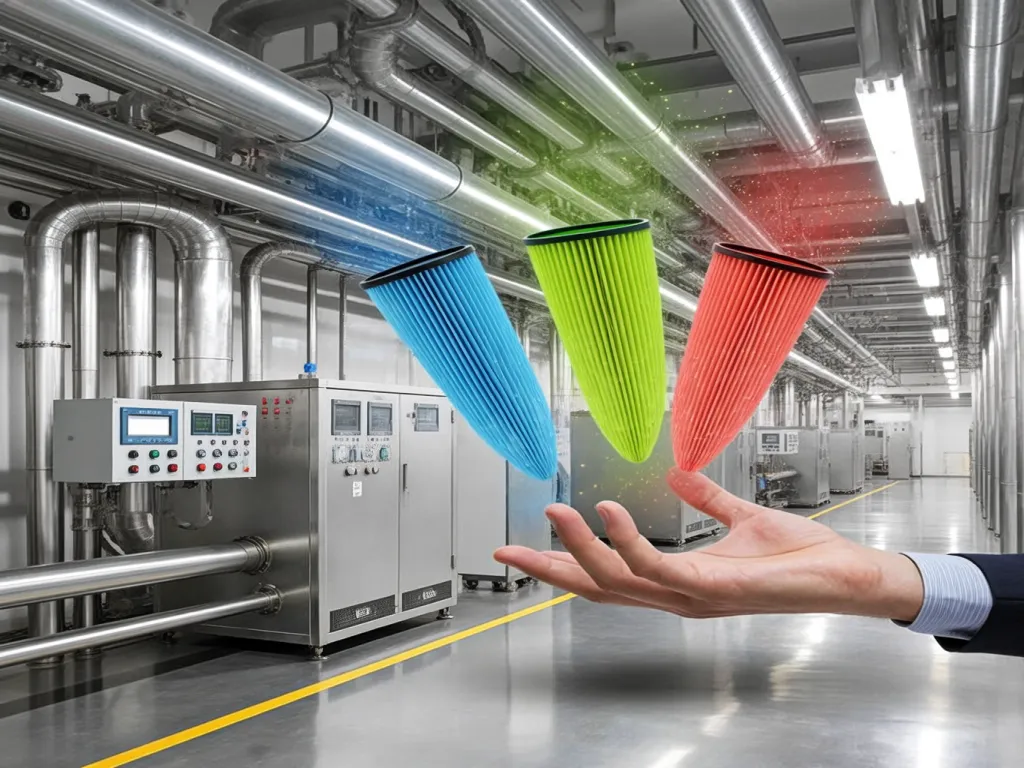 Hand presenting colored felt filter bags demonstrating filtration efficiency in industry.