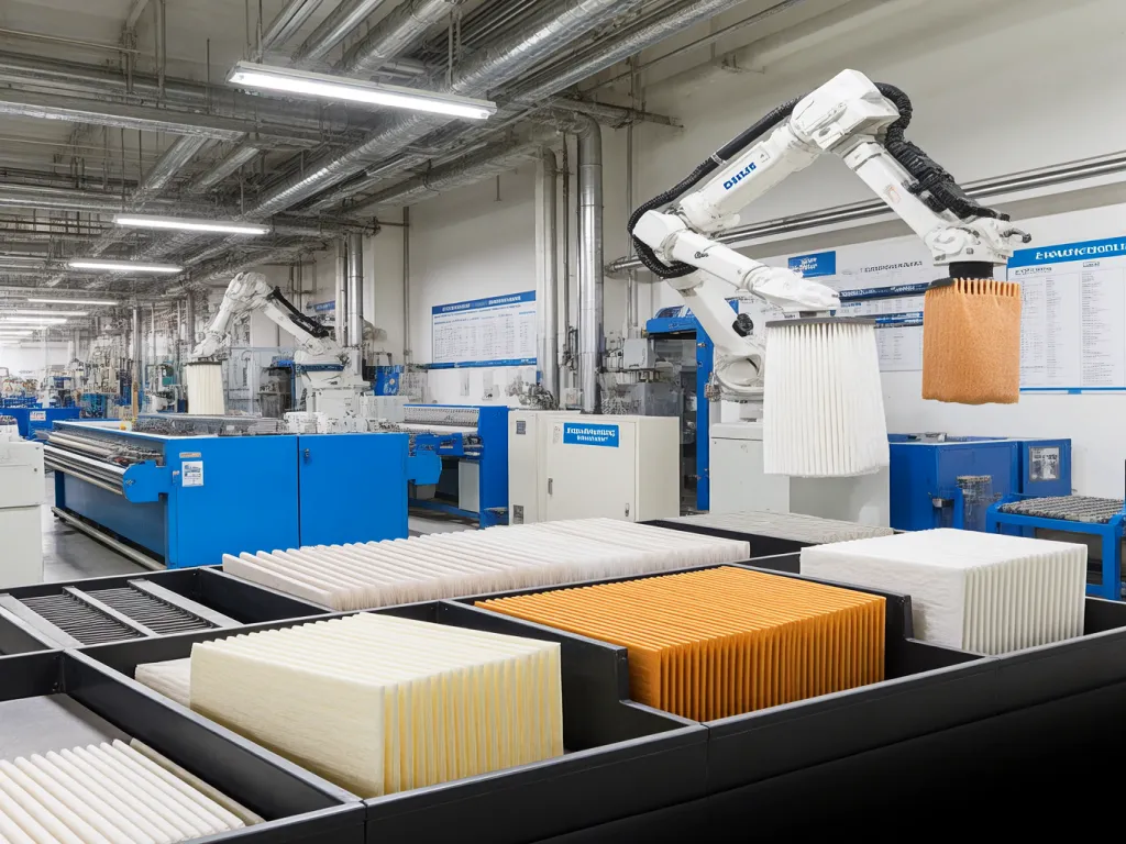 Automated production line manufacturing felt filter bags for industrial use.