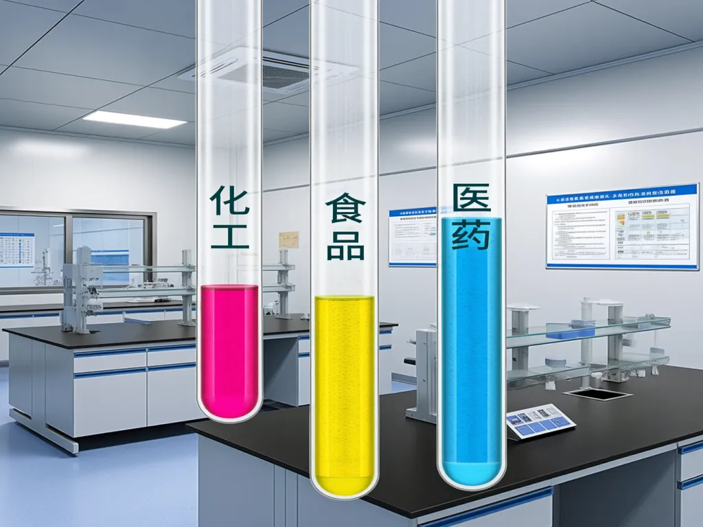 Test tubes labeled for chemical, food, and pharmaceutical industries showing felt filter sock applications.