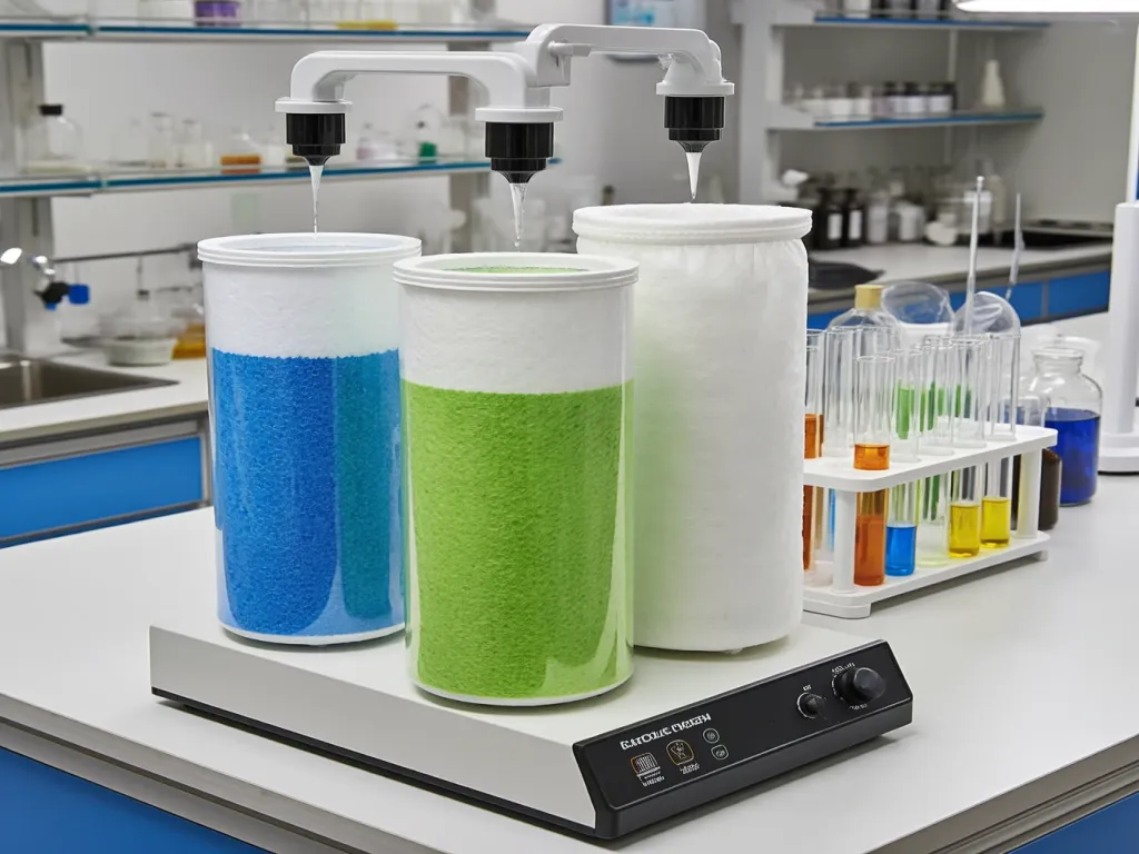 Felt filter socks in laboratory beakers undergoing testing with liquids being poured in.