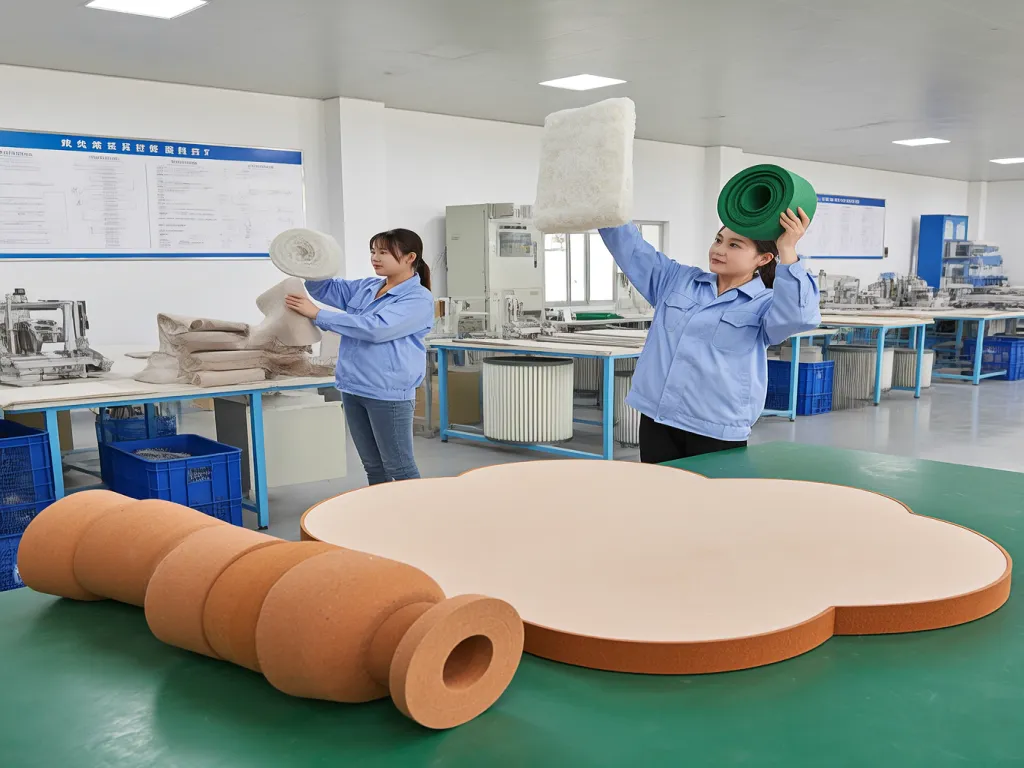 Workers handling felt filter socks in a manufacturing facility.