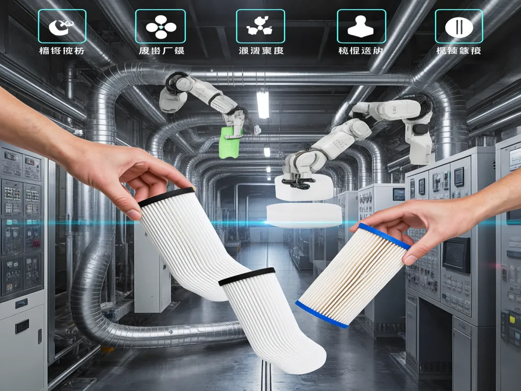 Hands holding felt filter socks in an industrial setting with robotic arms in the background.