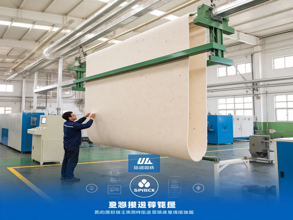 Factory worker inspecting large sheet of felt filter cloth for industrial use