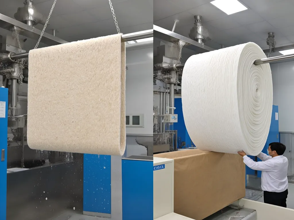 Worker handling large rolls of felt filter cloth for industrial filtration in factory