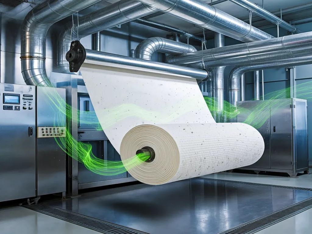 Felt filter cloth for industrial filtration being processed in machine with green airflow effect