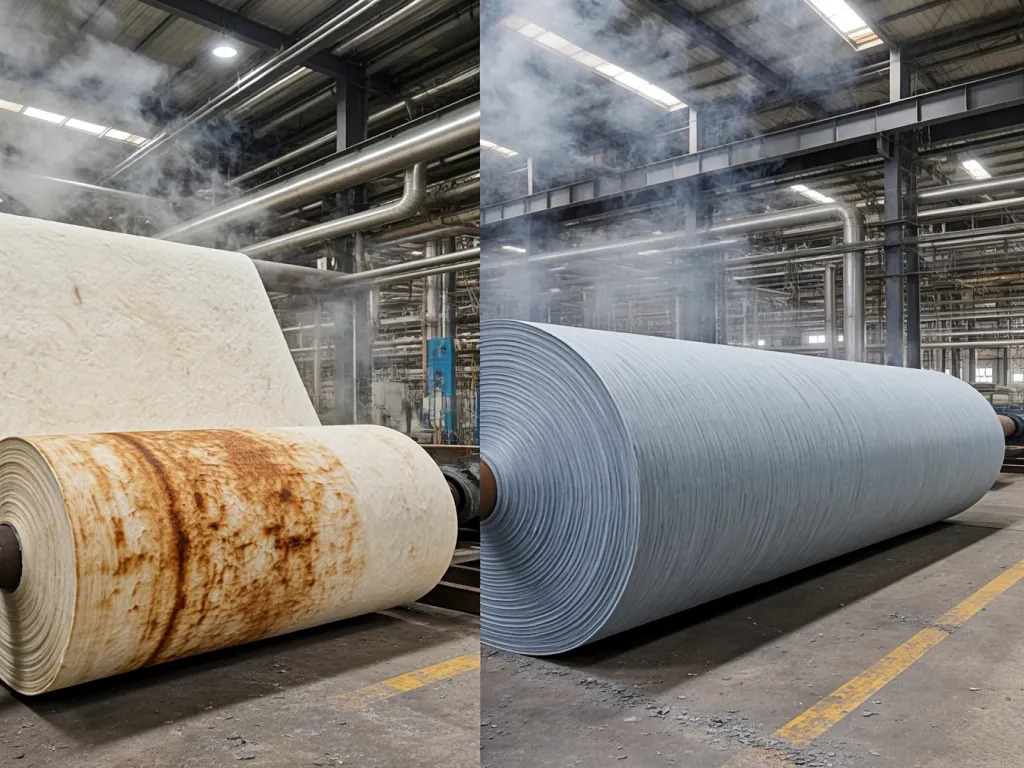 Rolled felt filter cloths for industrial filtration in factory setting with steam