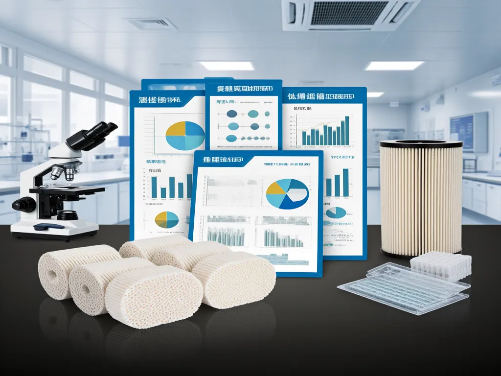 Felt filter elements displayed with data charts and microscope