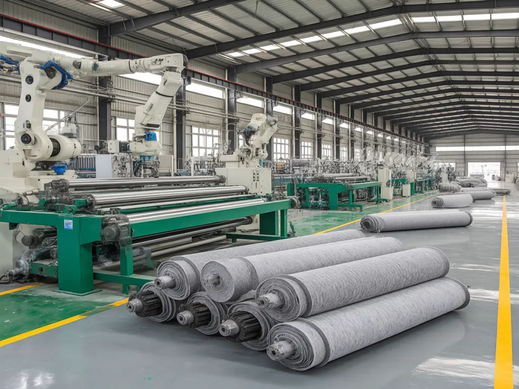 Industrial felt filter rolls in a factory setting with machinery