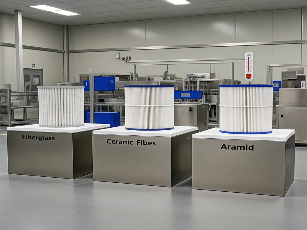 Display of industrial filter sacks made from fiberglass, ceramic fibers, and Aramid