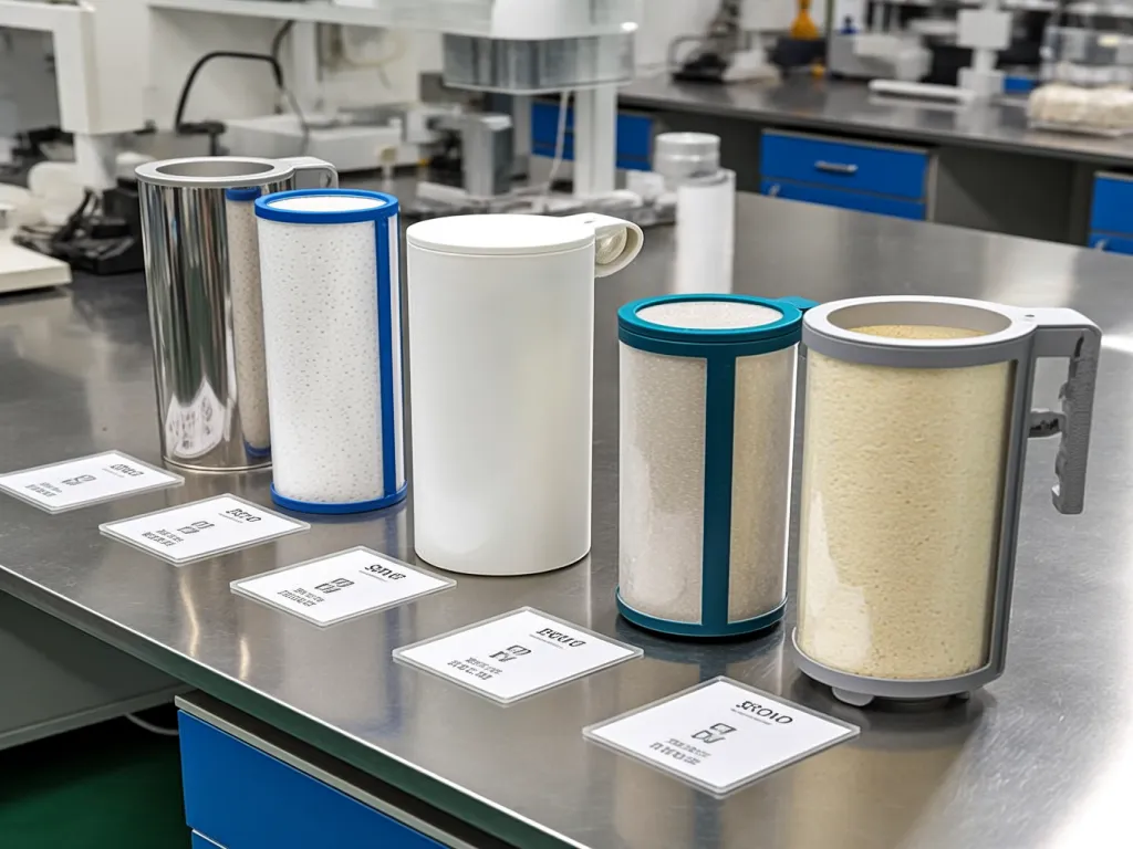 Display of different filter sacks for industrial separation in a laboratory setting.