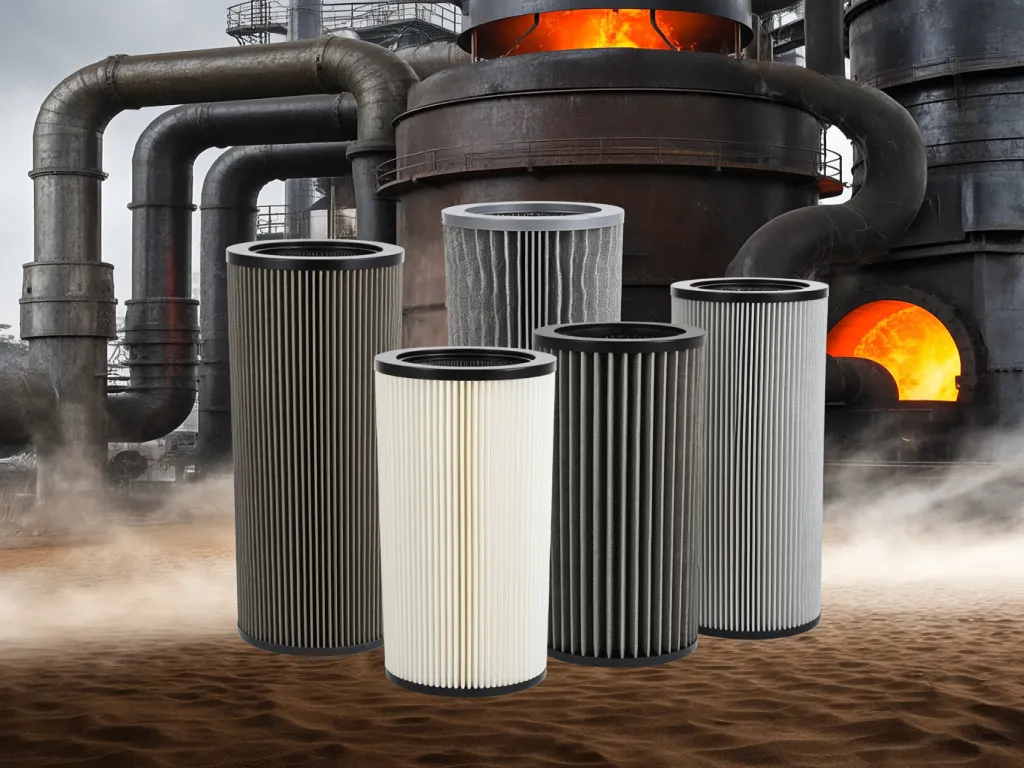 Various filter sacks for industrial separation in front of an industrial furnace.