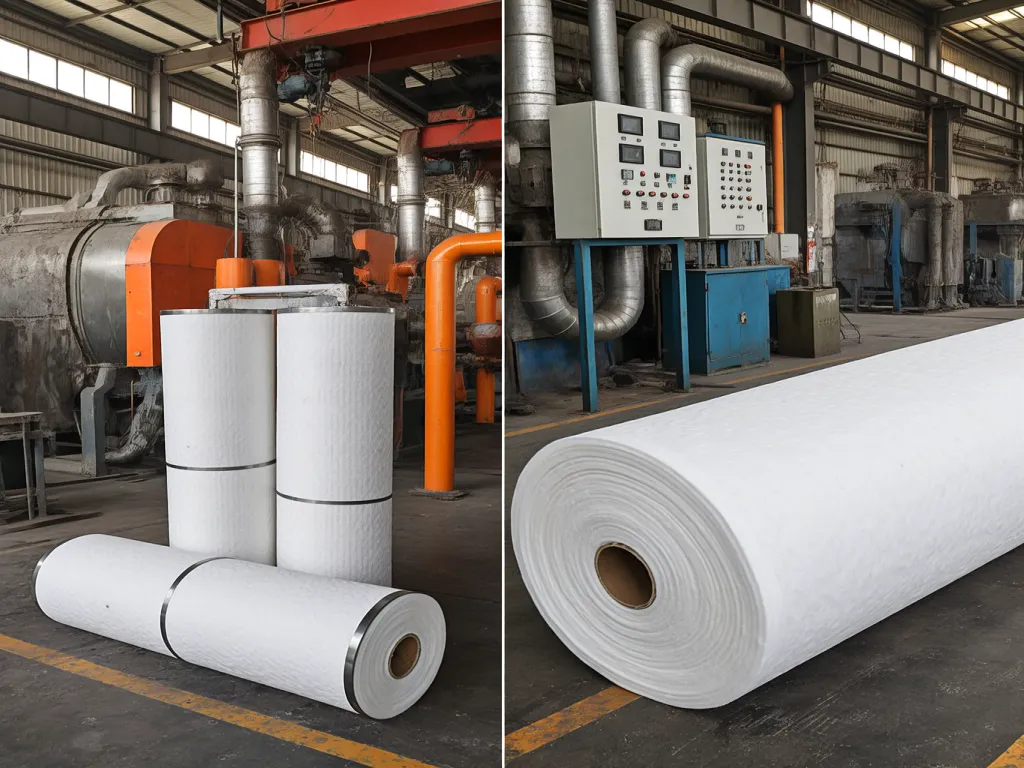 Rolls of industrial filter sacks in a factory environment