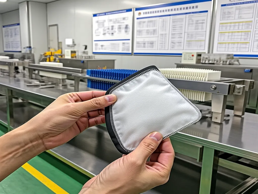 Close-up of a hand holding a filter sack for industrial separation in a factory.
