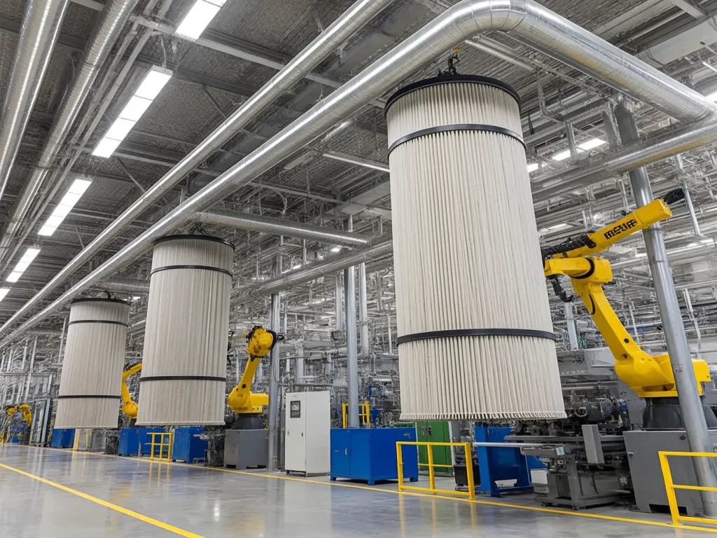 Robotic arms handling large filter sacks for industrial separation in a factory.