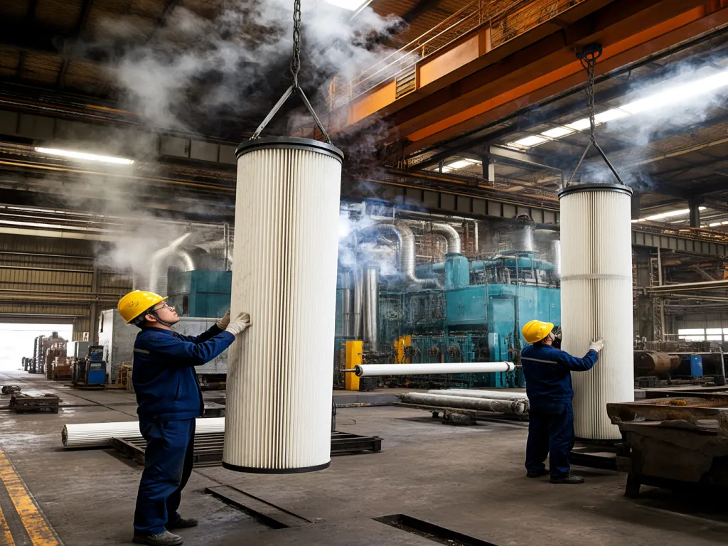 Workers handling large industrial filter sacks in a factory