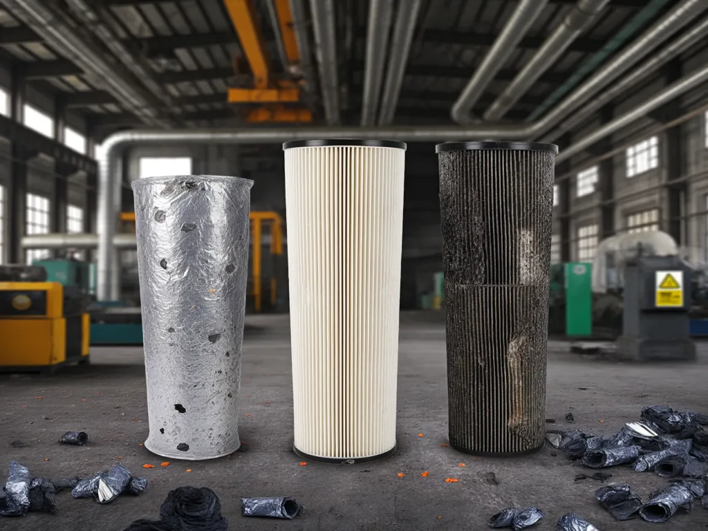 Comparación de bolsas filtrantes dañadas e intactas en un entorno industrial.