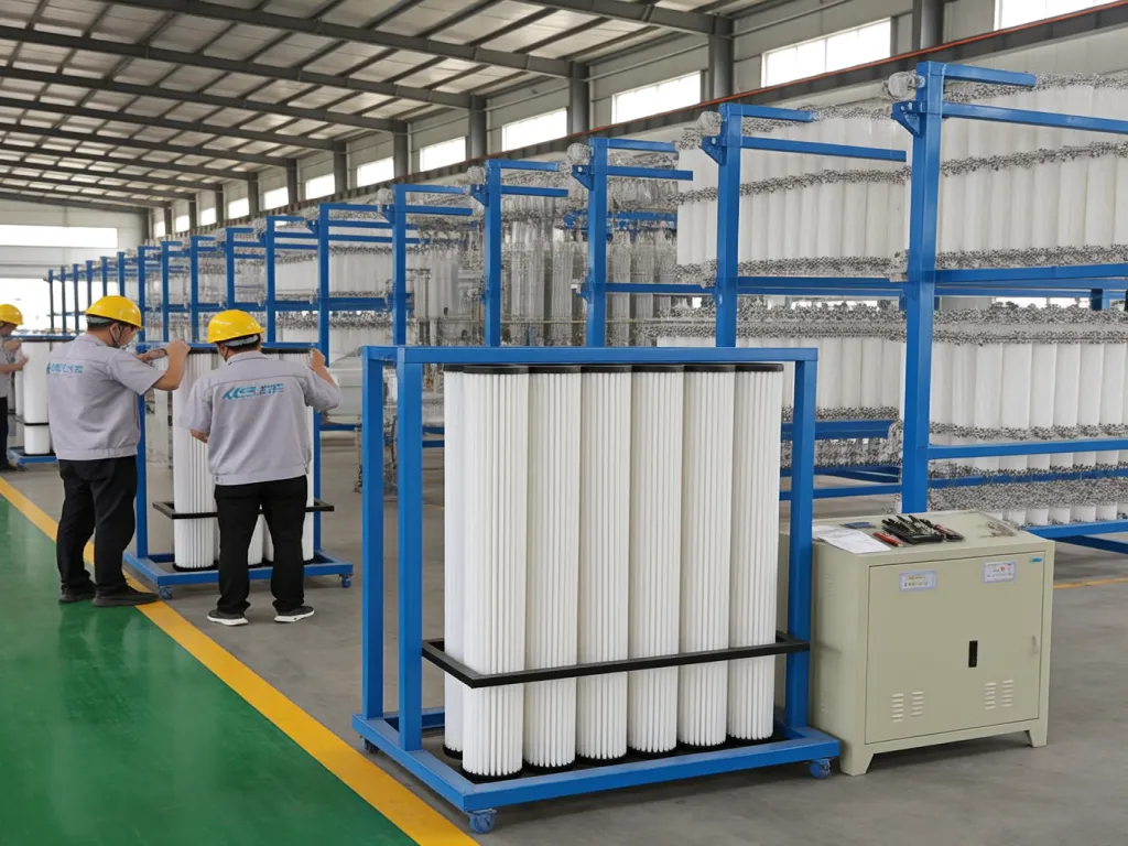 Inspectores revisando bolsas de filtro en estantes en una instalación de fabricación.