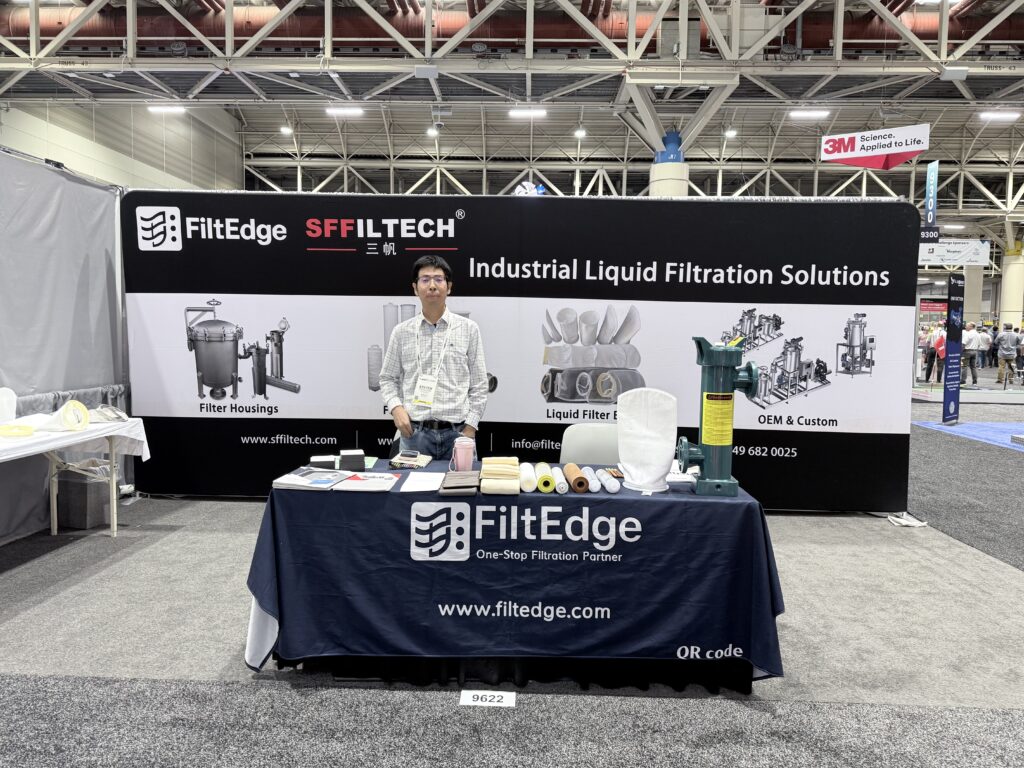 FiltEdge WEFTEC 2026 booth with liquid filter bags, cartridges and a filter housing on display.