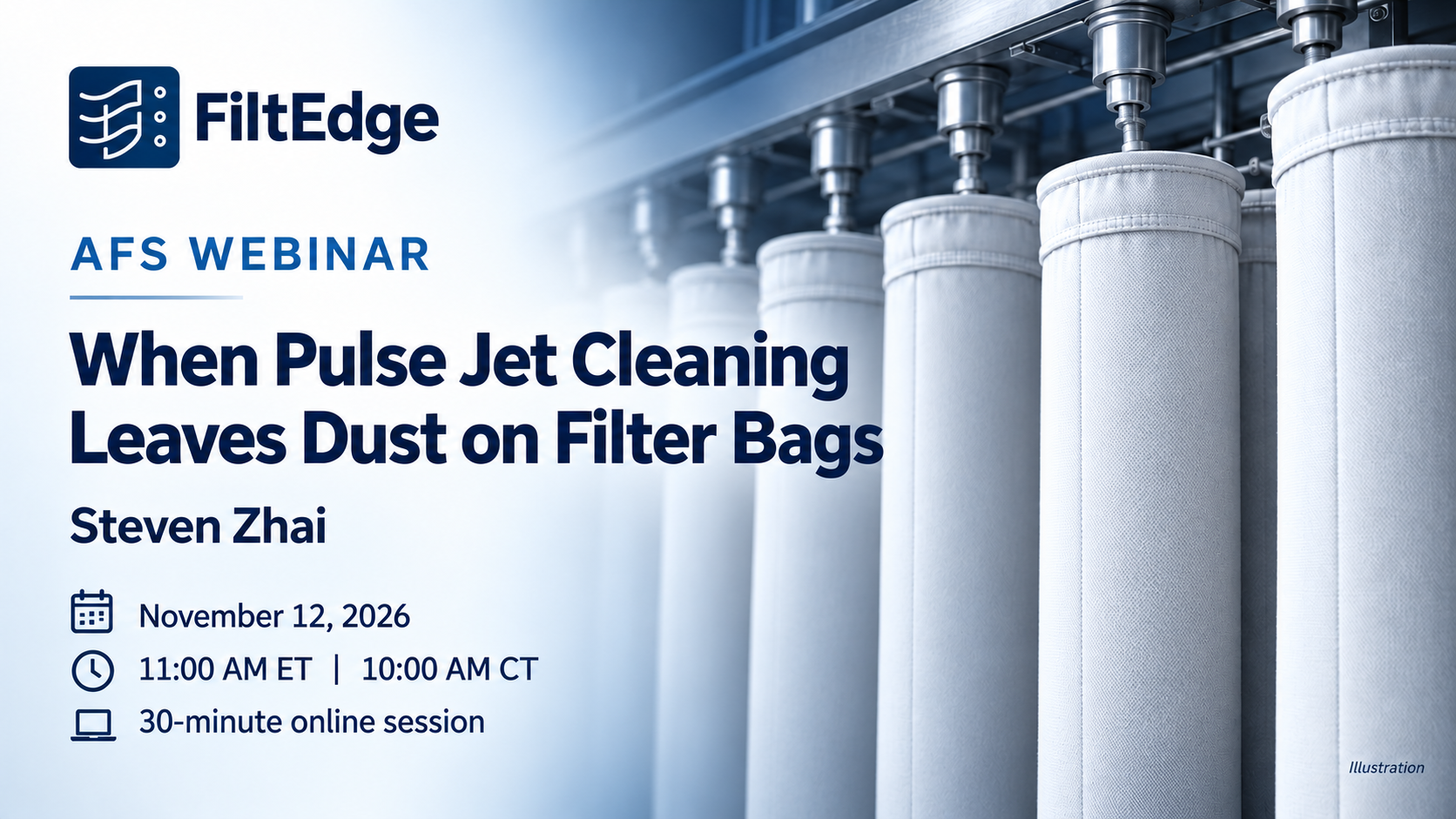 Illustrated announcement for Steven Zhai's AFS webinar on pulse-jet filter bag cleaning, November 12, 2026