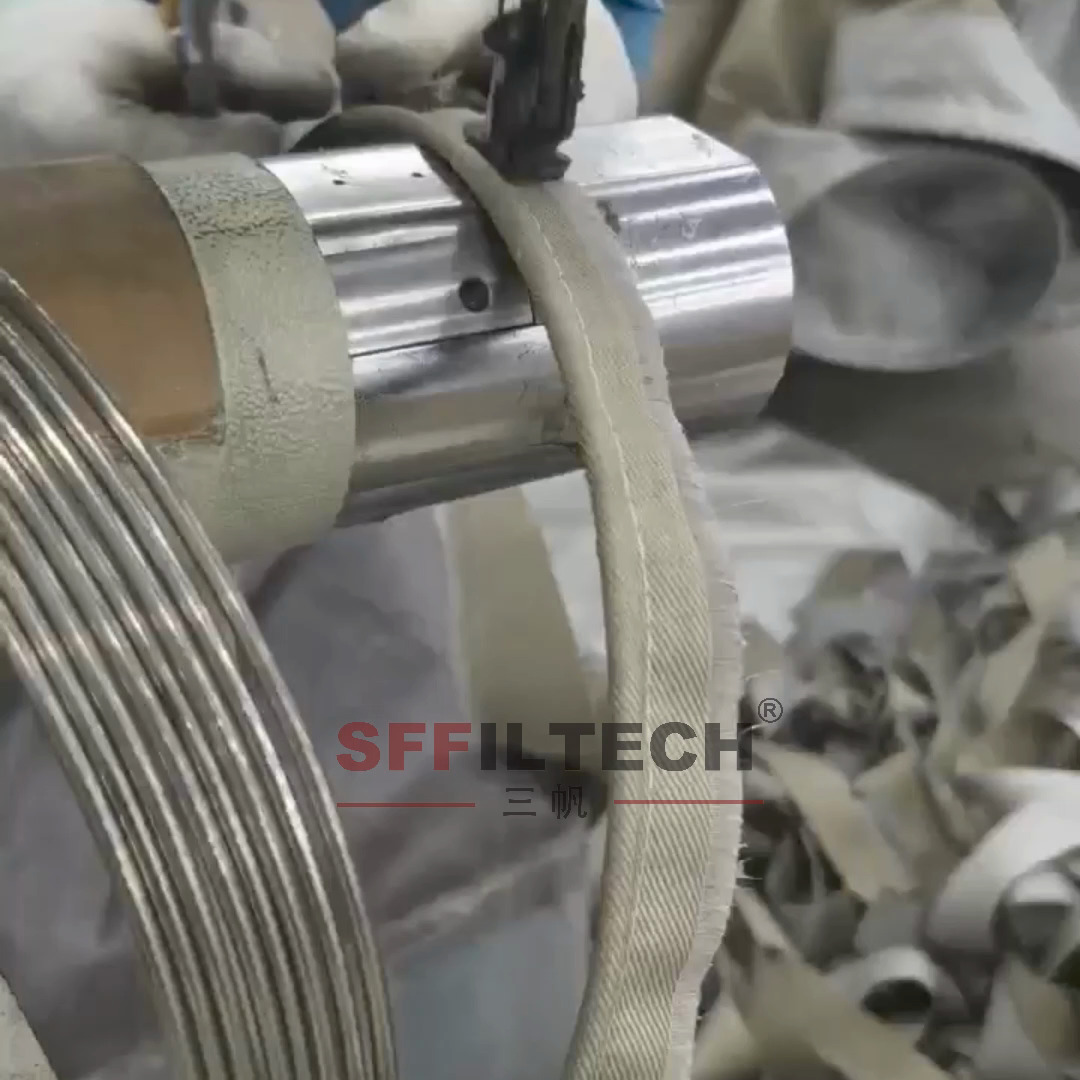 Close-up of filter bag cuff fabric on a sewing fixture