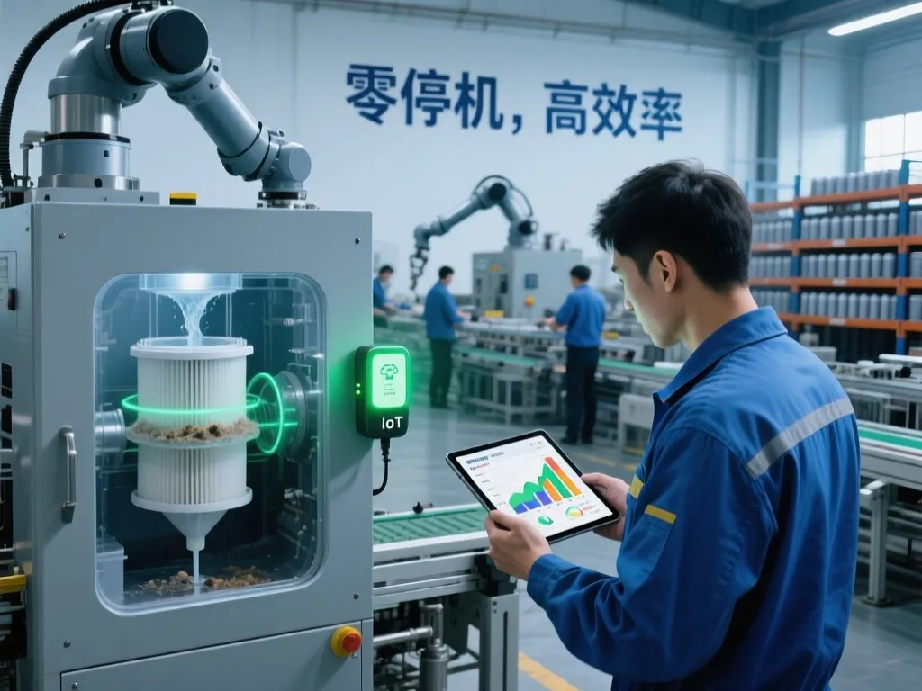 Worker monitoring filter system with IoT device to prevent downtime.