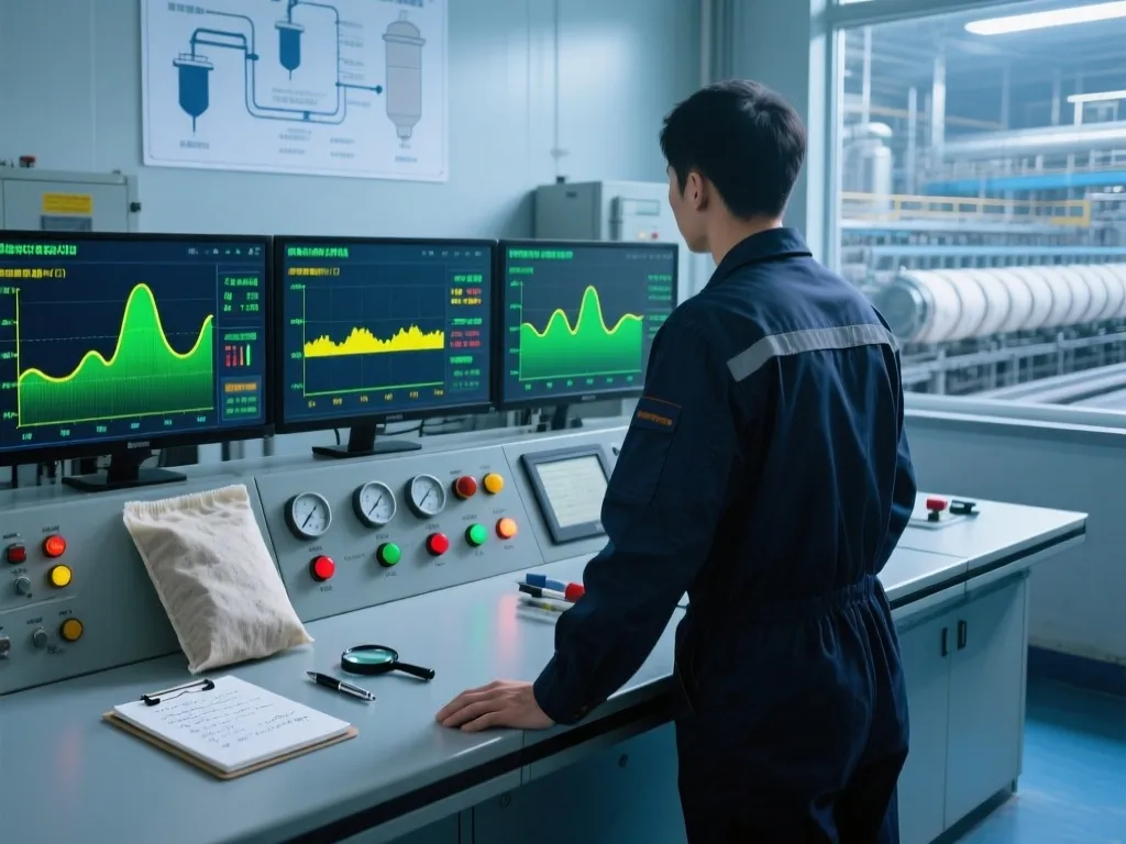 Operator monitoring filter bag performance on control panels in a factory.