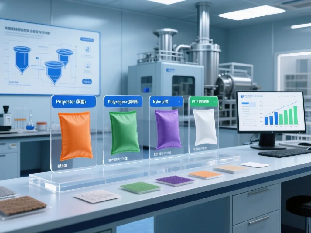 Display of different types of filter bag materials with labels.