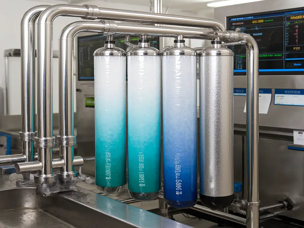 Close-up of filtration bags in industrial water treatment system