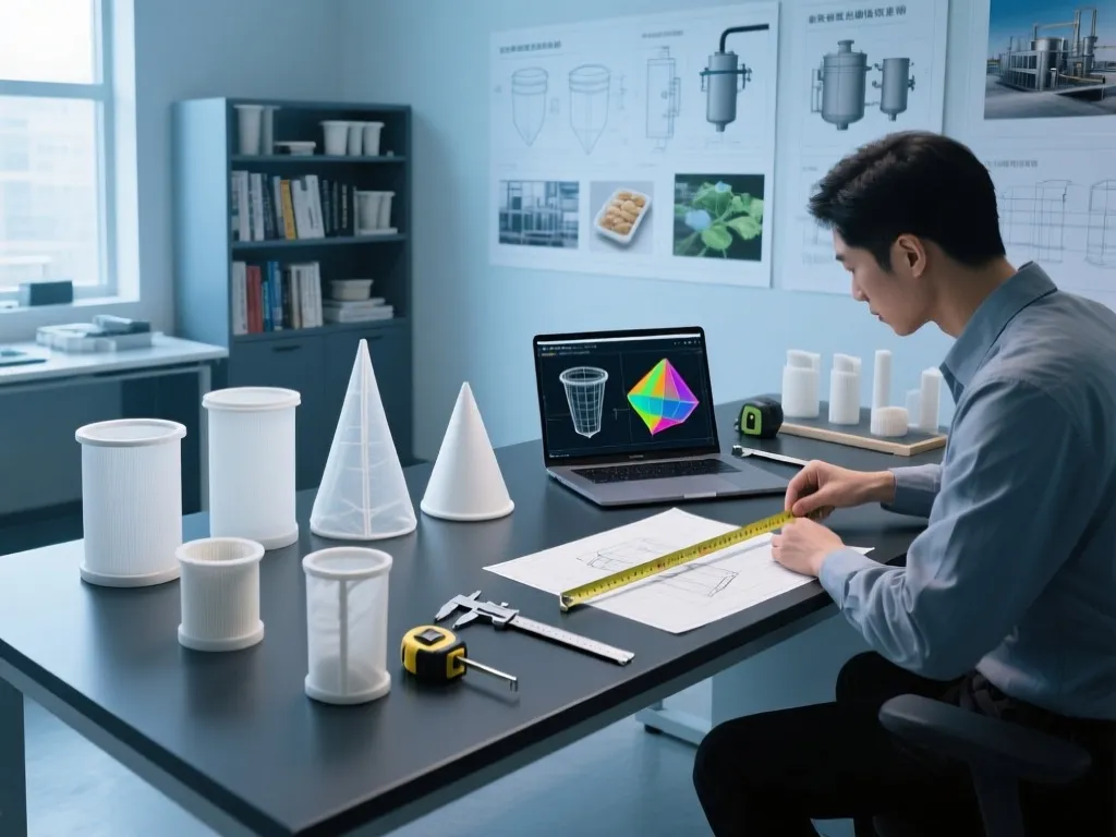 Designer working on custom filter bag designs using a computer.