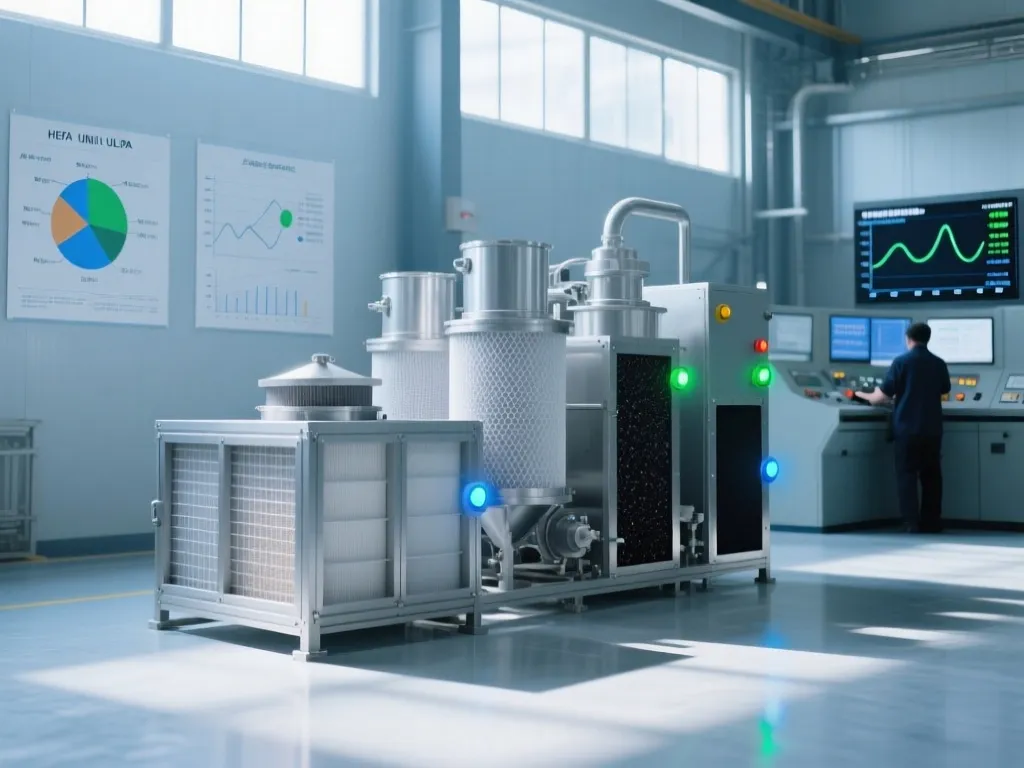 Advanced industrial air filtration unit with digital controls and monitoring displays.