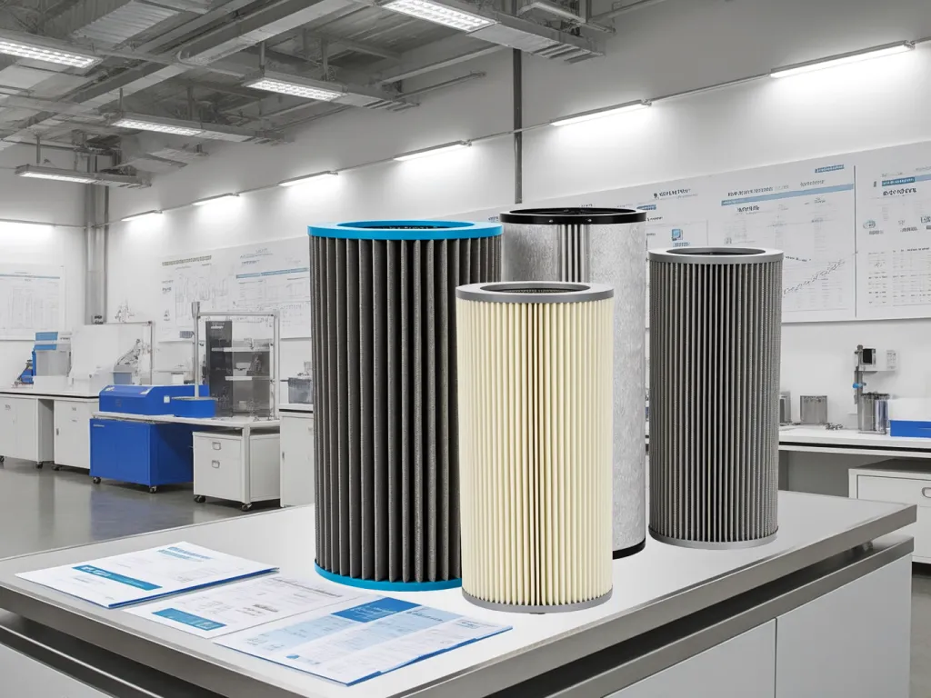 Various types of dust collector filters displayed on a table in a lab.