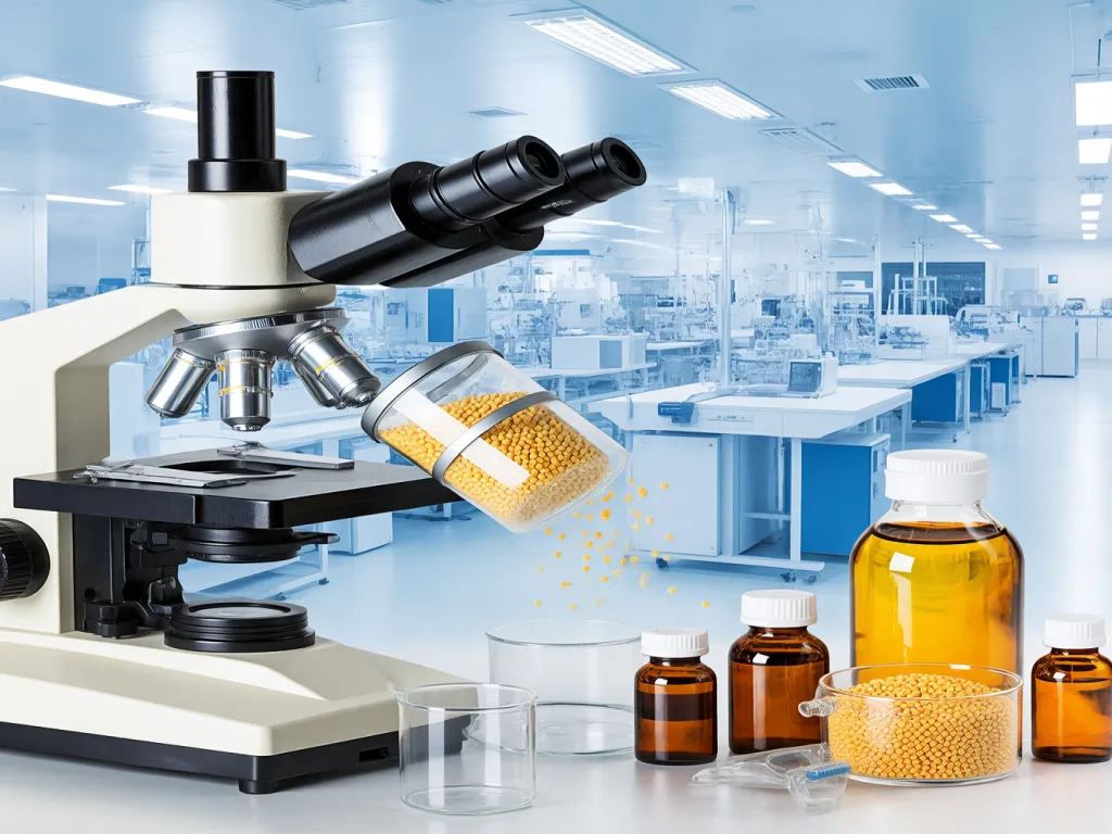 Microscope and lab equipment for testing filter sacks materials.