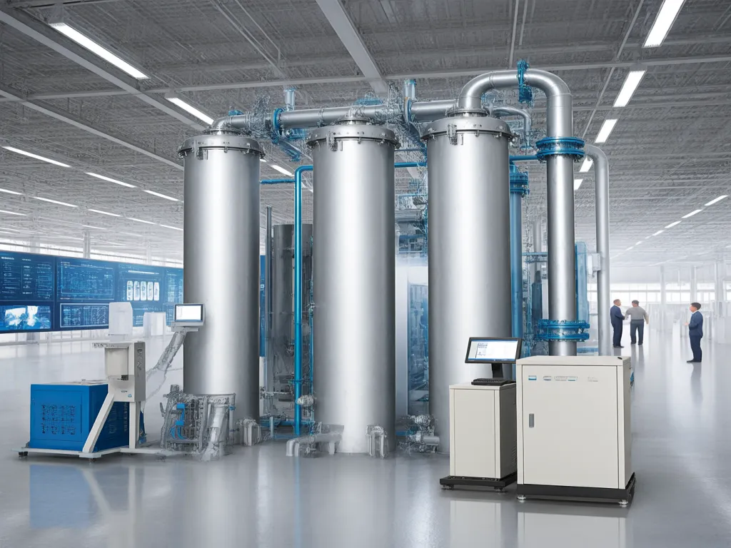 Large industrial filter sacks setup with monitoring equipment.