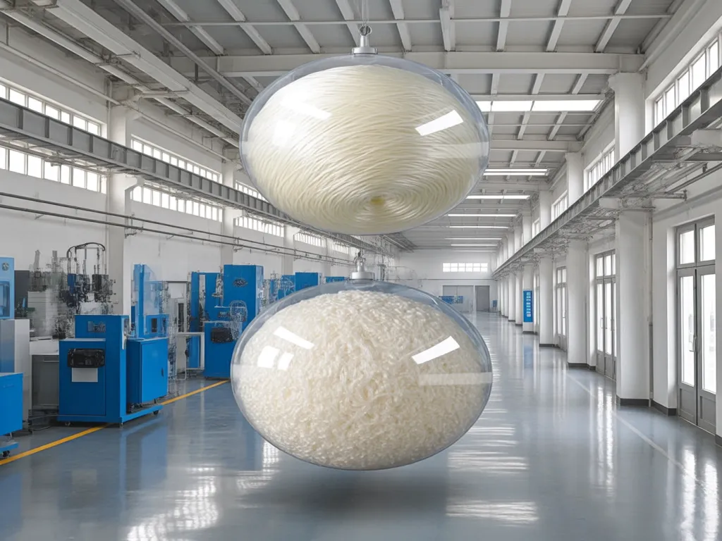 Two balls of filter material suspended in a spacious industrial factory.