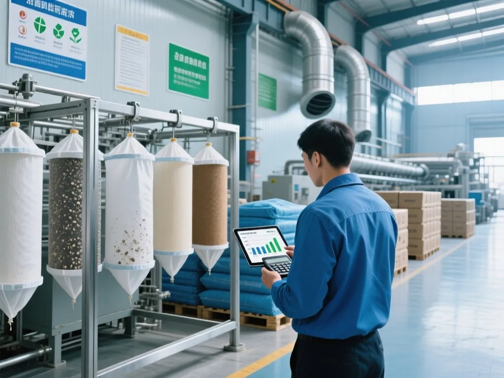 Worker monitoring filter bag performance data on tablet in industrial setting.